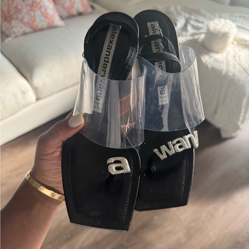 Alexander Wang Black Sandals with Clear PVC Strap and Crystal 'A' Logo